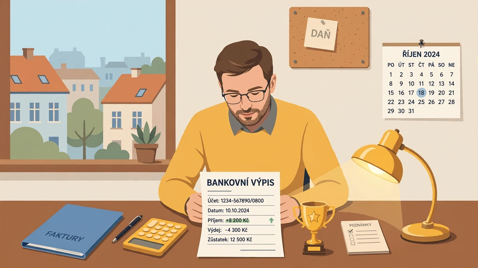 Účetní kontroluje bankovní výpis, kalkulačka a trofej.